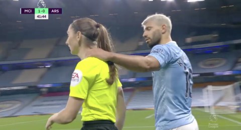 Sergio Aguero grabs assistant referee’s neck during Man City vs Arsenal