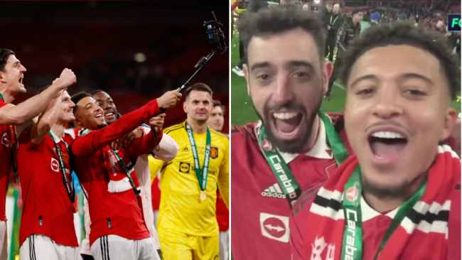 Jadon Sancho cheekily digs out Man Utd team-mate in Cup final celebrations