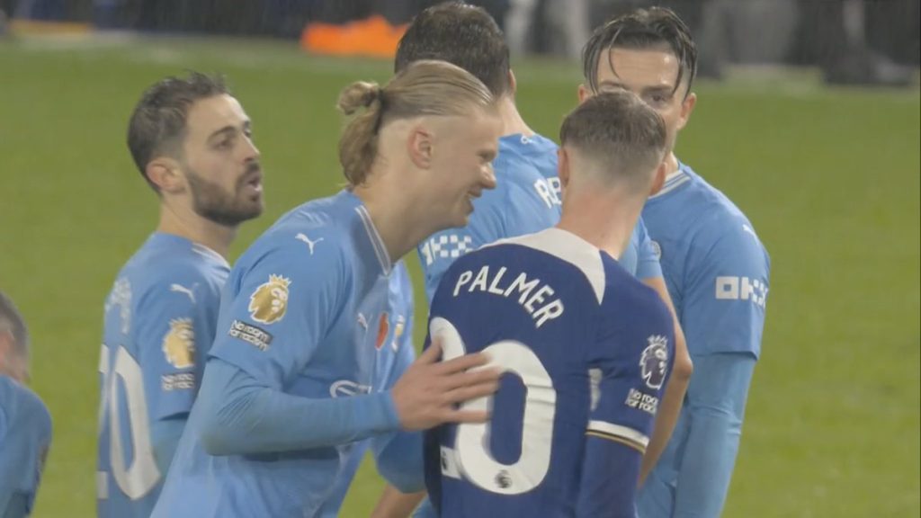 WATCH: Moment Haaland pushes Palmer away as Chelsea star tries to steal Man City tactics