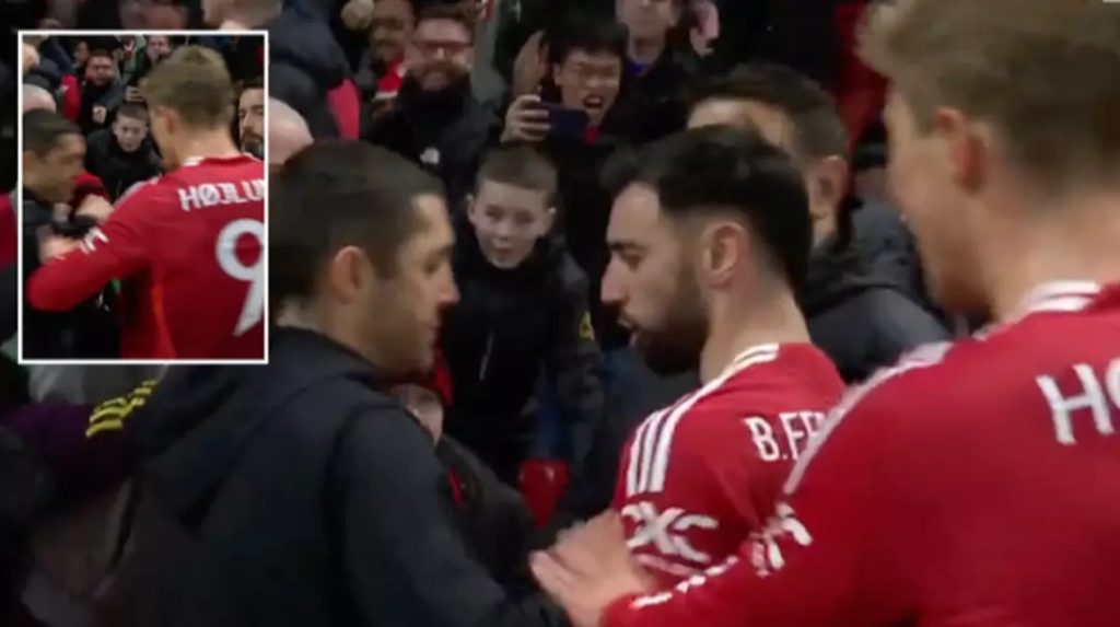 Watch – Rangers staff member pushed by angry Man Utd star as TV viewers left stunned by flashpoint